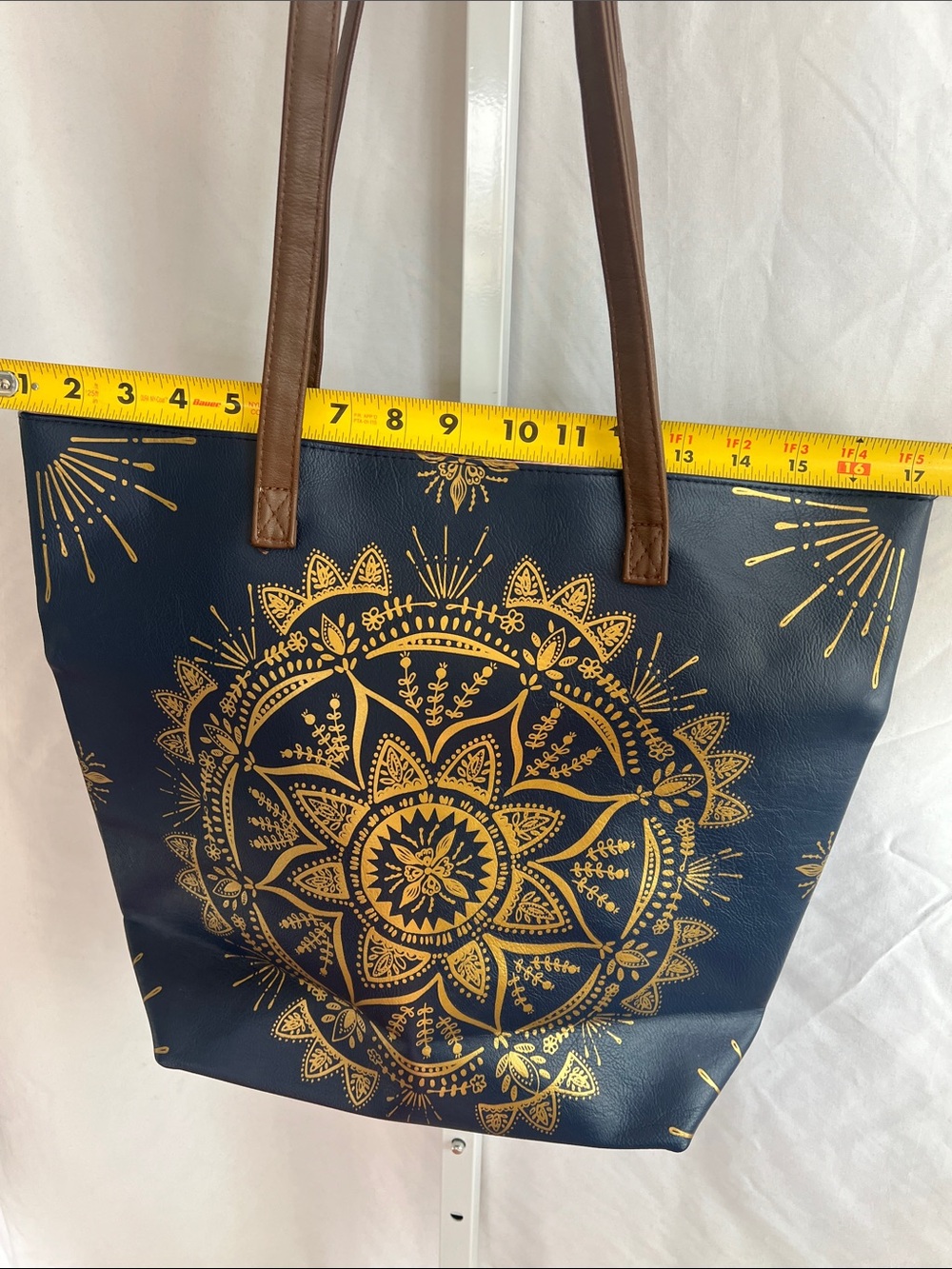 Papaya Navy Tote with Gold Mandala and Brown Straps Pink Satan Lined - Picture 15 of 16